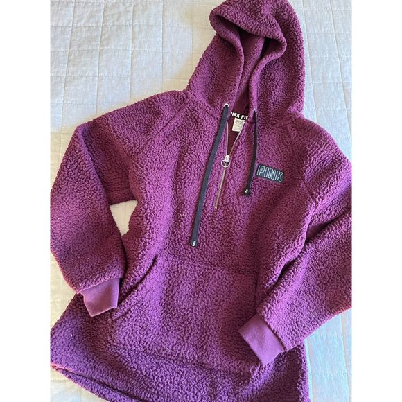 PINK Victorias Secret Sherpa Hoodie Half Zip Plum - Picture 1 of 5